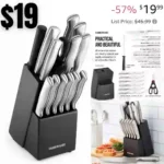 15-Piece High-Carbon Stamped Stainless Steel Kitchen Knife Set with Wood Block, Steak Knives