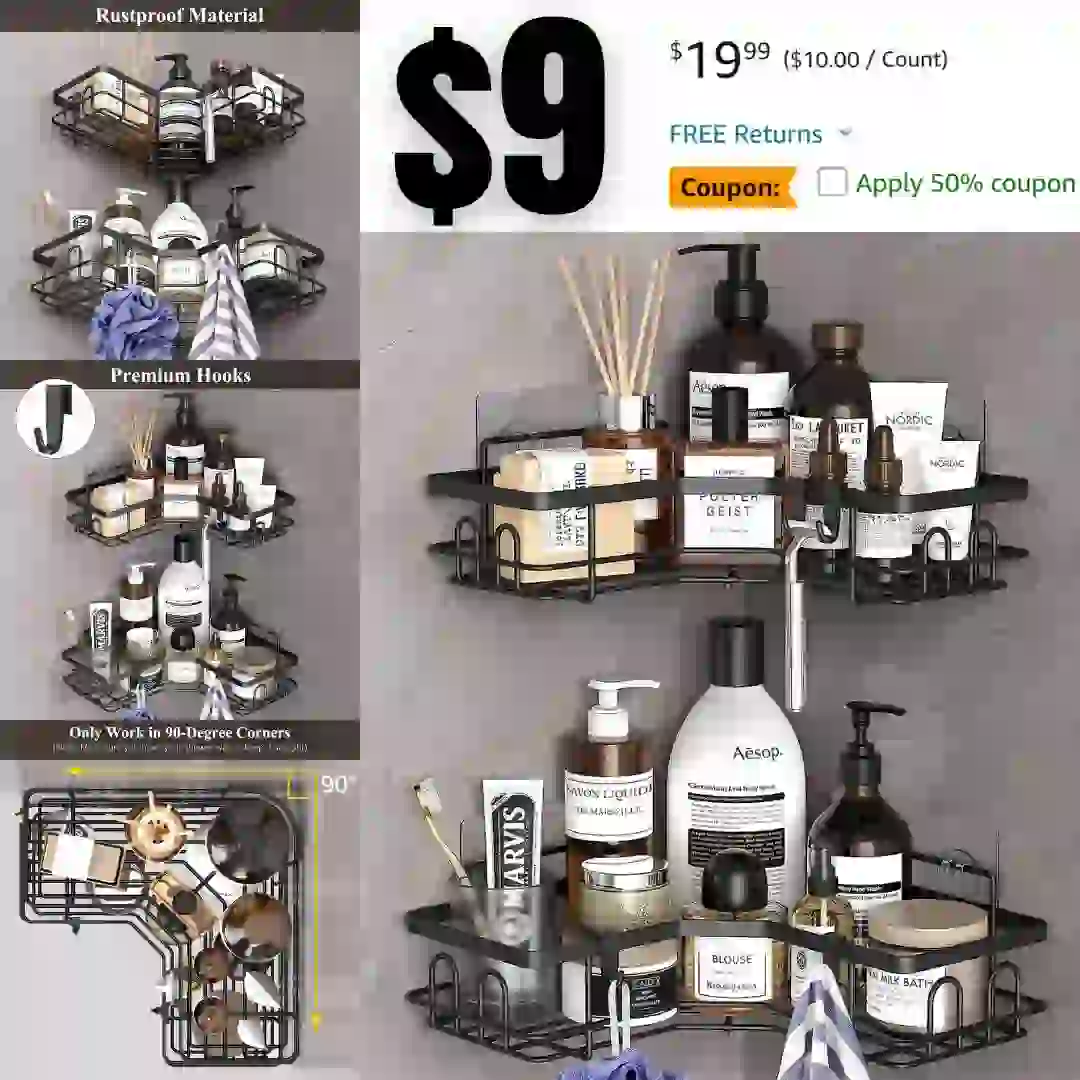 2 Pack Corner Shower Caddy Organizer Shelf with Hooks, Black Bathroom Shelves Storage Organization