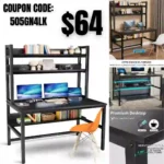Computer Desk with Hutch and Bookshelves, Large Leg Room 55 inch Width Black Desk with Space Saving Storage Shelves