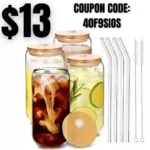 Drinking Glasses with Bamboo Lids and Glass Straw 4pcs Set