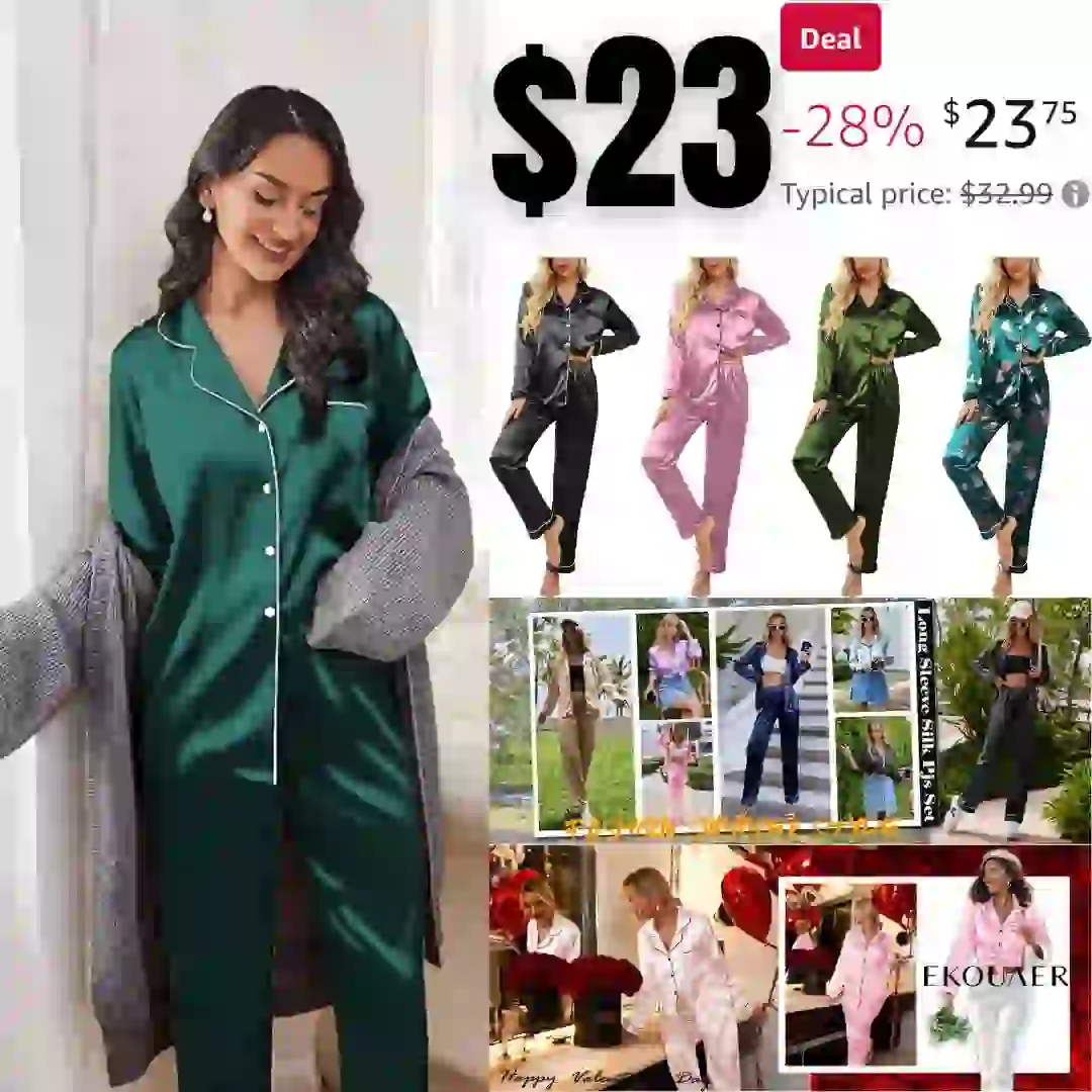 Ekouaer Women Classic Button Down Long Satin Silk Pajama Set