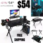 Gaming Desk Pro Carbon Fiber Laminated Desktop, Heavy-Duty X-Legs, Detachable Monitor Platform