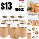 Glass Cups with Bamboo Lids and Straws 8pcs Set