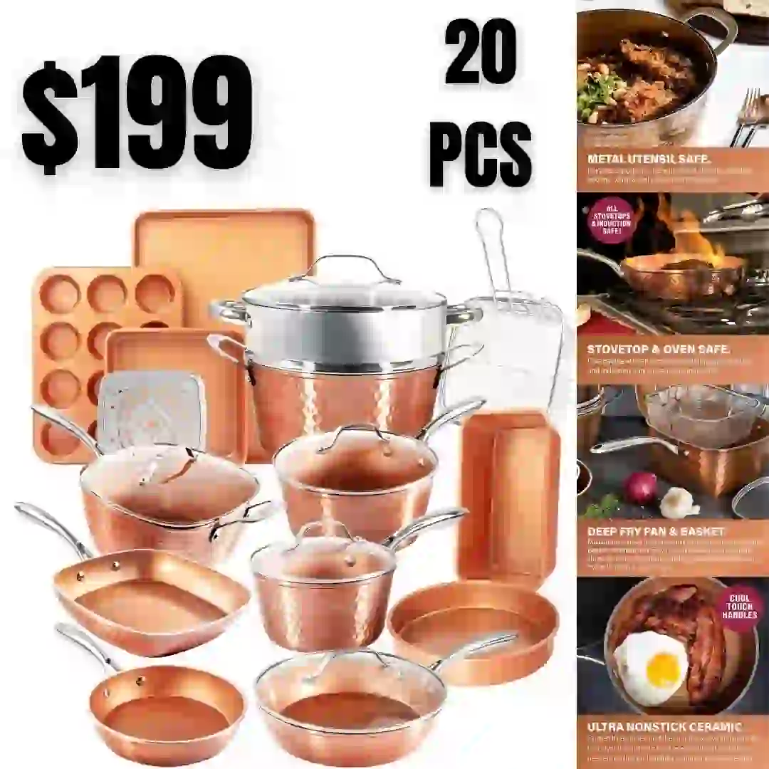 Gotham Steel Hammered Copper Collection 20 Piece Premium Pots and Pans Set Nonstick Cookware Bakeware Set  Ceramic Cookware Set for Kitchen