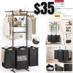 Laundry Basket 3 Section, Laundry Room Organization and Storage, Laundry Hamper with Shelf Wall Mount