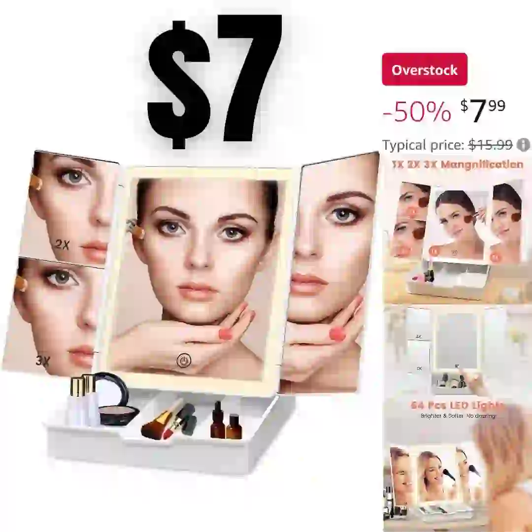 Makeup Mirror with 3 Color Lights, Tri-Fold Vanity Mirror with 3X 7X Magnifying