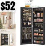 Mirror Jewelry Cabinet Armoire, Wall or Door Mounted Jewelry Storage, Hanging Lockable Frameless with 2 Plastic Cosmetic Organizers