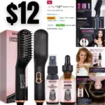 Portable Hair Straightener Brush,Straightening Brush Comb wHeat Protectant Spray for Hair