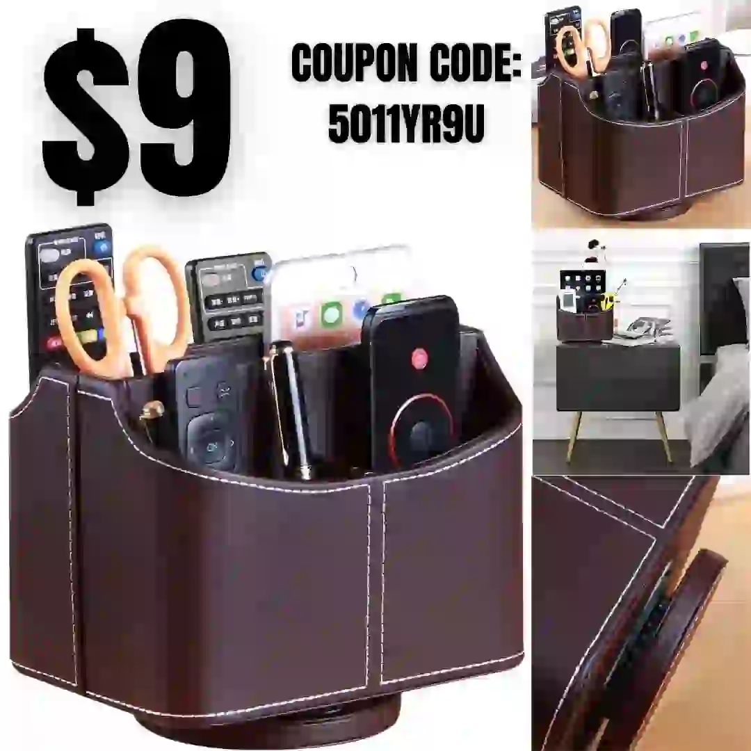 Remote Control Holder PU Leather 360 Degrees Rotatable Desktop Supply Organizer Storage Box