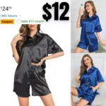 Satin Pajama Set Loose Short Sleeve Sleepwear Shorts Button Down Pjs Loungewear 2-piece Outfit Set