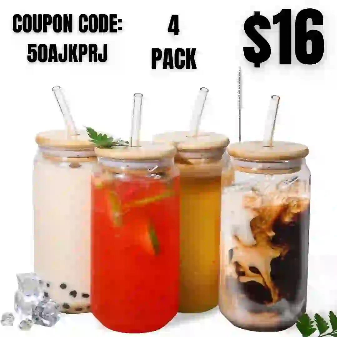 wirsh Drinking Glasses 18oz with Bamboo Lids and Glass Straw Set 4 Pcs