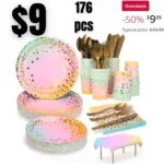 176pcs Rose Pink and Gold Party Supplies 176pcs Gold Dot Disposable Party Dinnerware Set with Tablecloth, Plates, Forks, Knives, Spoons, Cups and Napkins for Parties, TirFeKi Tableware Set Serves 25 Guests