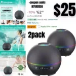 2 Pack Essential Oil Diffuser,Super Quiet Aroma Humidifier,200ml Ultrasonic Aromatherapy Diffuser with 4 Timers & 7 Colors