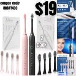 2 Pack Rechargeable Electric Toothbrushes for Adults and Kids, Sonic Whitening Tooth Brush with 8 Brush Heads, 6 Cleaning Modes and Smart Timer