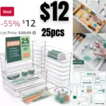 25pcsClear Drawer Organizer, Plastic Organizers for Home Organization and Storage, Including 4 Sizes Small Bins, Non-Slip Pads, for Bathroom, Kitchen, Vanity & Office