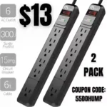 2PACK ON Smart USB Power Strip Surge Protector with 8AC outlets & 2 USB Ports