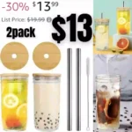 2pack Glass Cups with Lids and Straws, 24oz Jar Cups with Lids and Straws, Reusable Mason Jar Cups with Lids and Straws