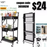 3 Tier Folding Rolling Cart, Foldable Metal Utility Cart Organizer with Wheels, Collapsible Rolling Storage Cart with 3 Hanging Cups & 6 Hooks for Kitchen