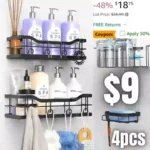 4 Pack Shower Caddy , Adhesive Shower Organizer Shelf with Hooks No Drilling Bathroom Shower Shelves for Inside Shower