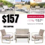 4 Piece Conversation Chat Set, Outdoor Living Rattan Furniture, Includes 1 Double & 2 Single Chairs with Cushion & 1 Glass-top Coffee Table