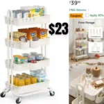 4-Tier Rolling Cart, Utility Cart with Lockable Casters, PP Plastic Storage Baskets, Hanging Cups and Hooks