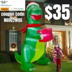8FT Inflatables Lighted Green Dinosaur with Christmas Hat and Gift Box