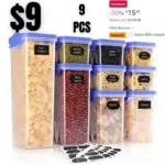9pcs Airtight Food Storage Containers with Blue Lids – Plastic Airtight Storage Containers for Pantry