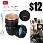 Camera Lens Coffee Mug,Travel Coffee Cup,Stainless Steel Lens Mug Thermos Camera Lens Mug with Lid and Spoon
