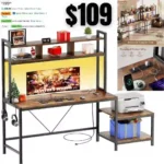 Computer Desk with Printer Stand & Hutch, 69 Inch Gaming Desk with LED Lights & Power Outlets