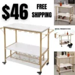 Concept Bar Serving Cart Bottle Storage and Wine Glass Rack-Faux Marble and Gold