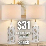 Farmhouse Ceramic Table Lamps Set of 2, 25in White Ceramic Bedside Lamps with Handmade Carved Patterns