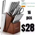 Knife Set, Emojoy 16-Piece Kitchen Knife Set with Block Wooden Carving Fork, Ripple German Stainless Steel Knife Block Set