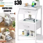 Nightstand with Charging Station and USB Ports, Night Stand with Fabric Drawer and Storage Shelf, Small Bedside Table for Bedroom