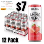 Optimum Nutrition Amino Energy Sparkling Hydration Drink, Electrolytes, Caffeine, Amino Acids, BCAAs, Sugar Free, Juicy Strawberry, 12 Fl Oz, 12 Pack