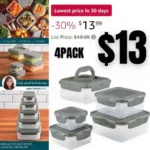 Rachael Ray Leak-Proof Nestable Container Food Storage Bin Set, 10-Piece Square, Gray Lid