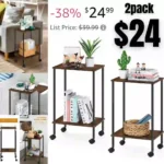 Set of 2 End Table with Wheels, 2-Tier Side Table, Sode Table, Side Table with Storage, Table Stand
