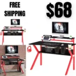 The Urban Port 54-Inch Rectangular Gaming Desk with 2 Shelves and K Shape Leg Support