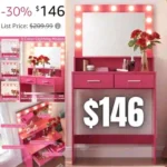 Vanity Desk with Mirror and Lights, Dressing Table with Large Drawer, 2 Level Storage Dresser & 3 Lighting Modes Adjustable Brightness