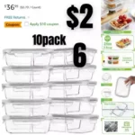 10 Pack Glass Meal Prep Containers 2 Compartment, Glass Food Storage Containers with Lids, Airtight Glass Lunch Bento Boxes