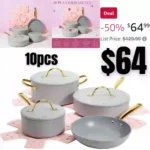 10pcs Paris Hilton Iconic Nonstick Pots and Pans Set, Multi-layer Nonstick Coating, Matching Lids With Gold Handles, Made without PFOA