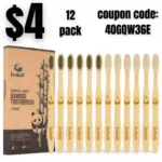 12pack Isshah Biodegradable Eco-Friendly Natural Bamboo Charcoal Toothbrushes
