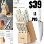 14 Pieces Knife Set with Wooden Block Stainless Steel Knives Dishwasher Safe with Sharp Blade