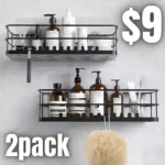 2 Packs Adhesive Shower Caddy with Hooks No Drilling Rustproof Traceless Stainless Steel Wall Mounted Shower Storage Organizer