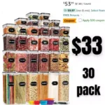 30 Pack Airtight Food Storage Containers for Kitchen Pantry Organization and Storage