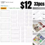 33 PCS Clear Drawer Organizers Set, 4 Sizes Plastic Vanity Desk Drawer Organizers Trays and Storage Bins with Non-slip Silicone Pads for Makeup