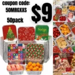 50 Pack 1 Lb16 oz Capacity Disposable Aluminum Foil Pans with Christmas Lids