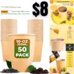 50 Pack Super Strong 100% Compostable Coffee and Tea Cups – Eco – Biodegradable – Disposable Rigid Containers