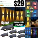 6 Pack Solar Fence Lights RGB & Warm White Up & Down Solar Wall Lights,Waterproof 100 Lumens Super Bright Dusk to Dawn Deck Light for Yard