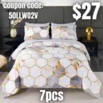 7 Pieces White Gold Comforter Set Full Geometric Foil Print Bed Set Marble Hexagon Bedding Sets Ultra Soft Honeycomb Bed in A Bag for All Season