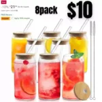 8pack Glass Cups with Bamboo Lids and Straws 8pcs Set, 20oz Can Shaped Cups, Beer Glasses, Iced Coffee Cups, Cute Tumbler with 2 Cleaning Brushes